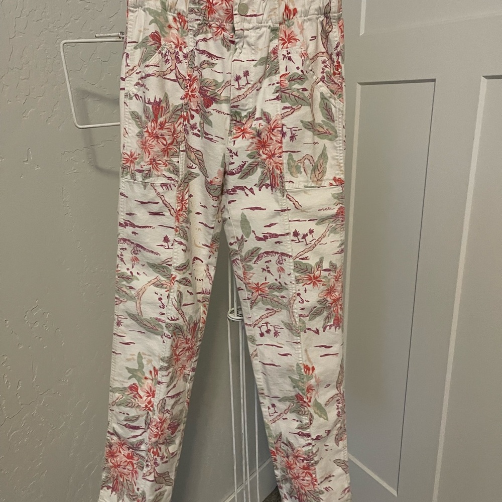 MOTHER Floral Print Ankle Jeans in White with Red and Green